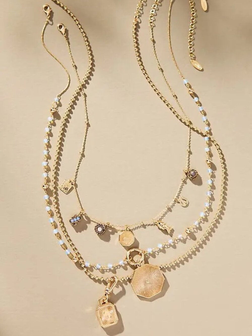 NEW Anthropologie Triple Layer Shades Of Sea Gold Charm Necklace